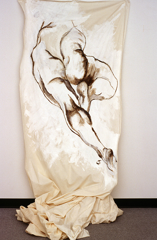 A drape with a print of a man’s legs